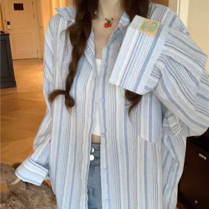 JazzHer Fashion Striped Turn Down Collar Shirt Women Korean Casual Top Loose Ladies Thin Coat Summer Female Sun Protection Shirt