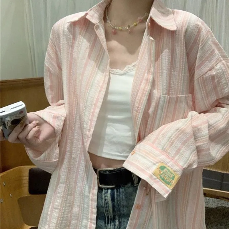 JazzHer Fashion Striped Turn Down Collar Shirt Women Korean Casual Top Loose Ladies Thin Coat Summer Female Sun Protection Shirt