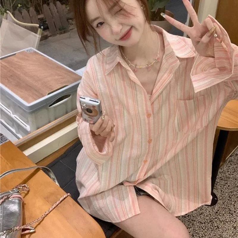 JazzHer Fashion Striped Turn Down Collar Shirt Women Korean Casual Top Loose Ladies Thin Coat Summer Female Sun Protection Shirt