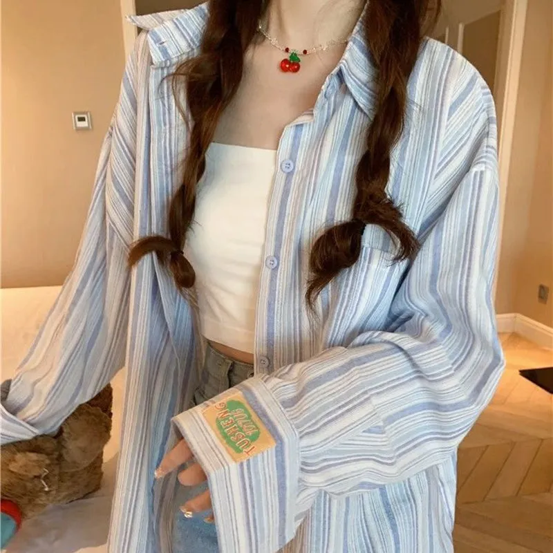 JazzHer Fashion Striped Turn Down Collar Shirt Women Korean Casual Top Loose Ladies Thin Coat Summer Female Sun Protection Shirt