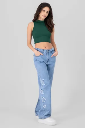Jeans straight con estrellas asimétrico