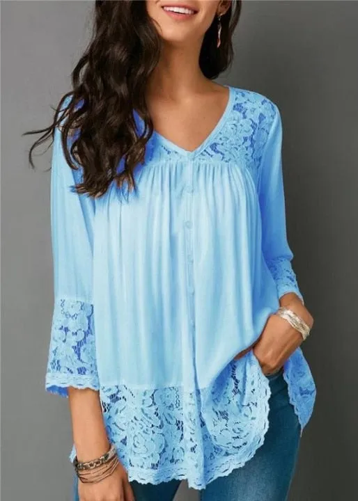 Large size lace women blouse shirt casual loose women shirts fashion V-neck five-point sleeve women blouse summer