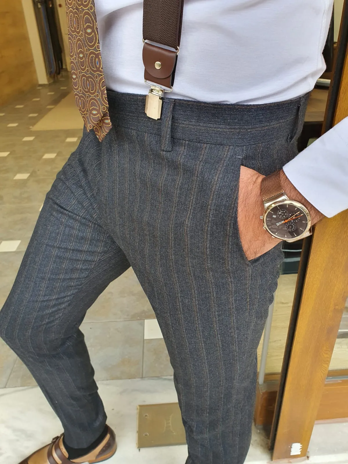 Lazio Dark Blue Slim Fit Striped Pants
