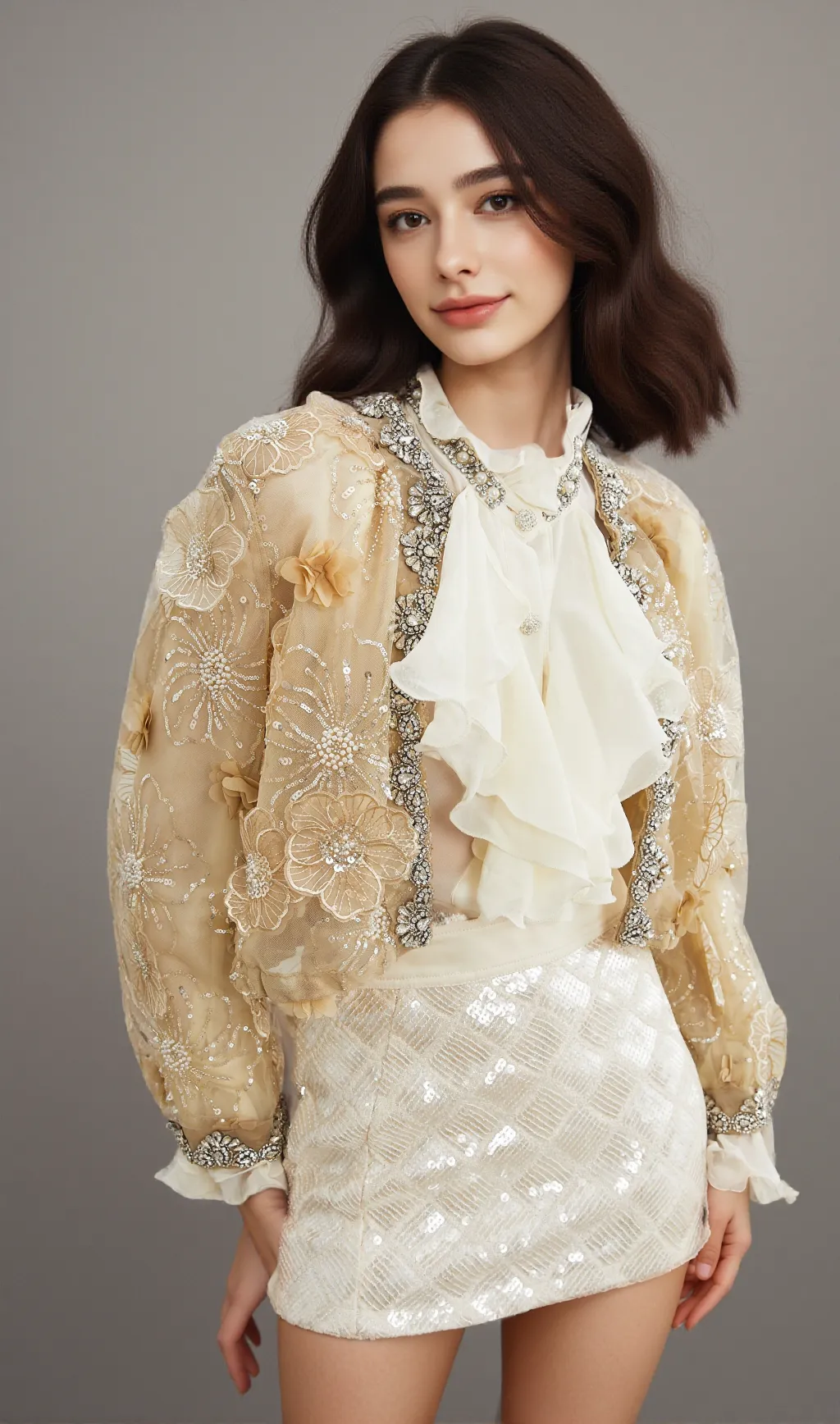 Liane semi-sheer flower beaded organza light luxury jacket