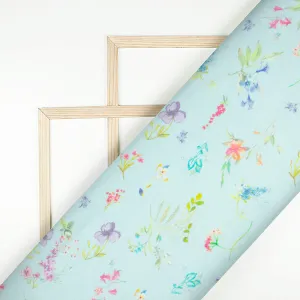 Light Blue And Purple Floral Pattern Digital Print Viscose Gaji Silk Fabric