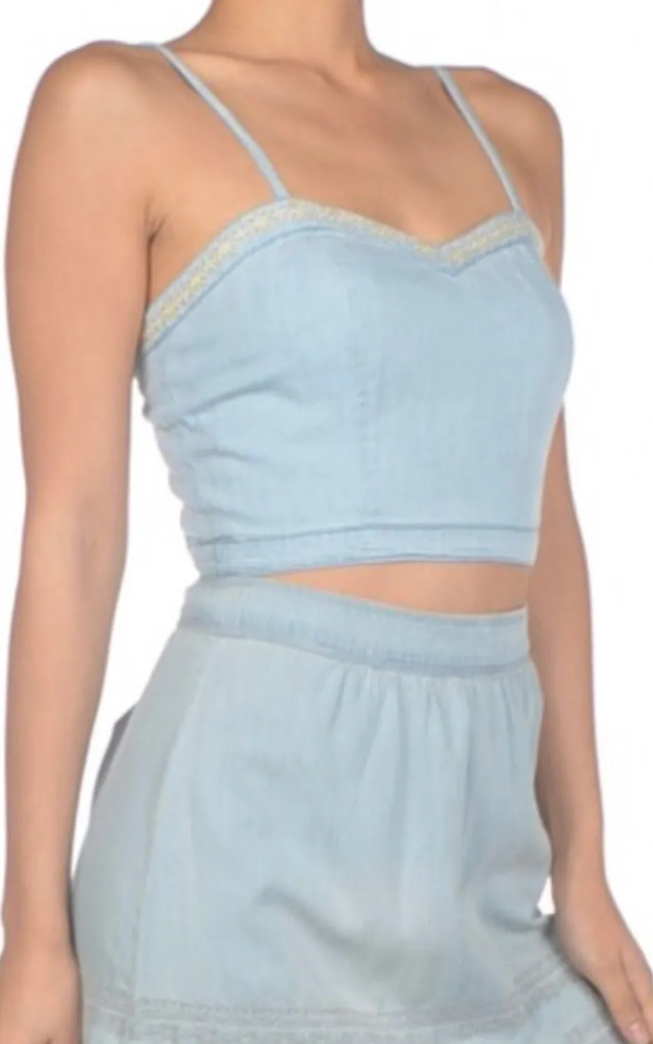 Light Denim Embroidered Flower Detail Sweet Heart Neck Crop Top