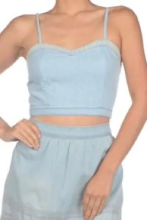Light Denim Embroidered Flower Detail Sweet Heart Neck Crop Top
