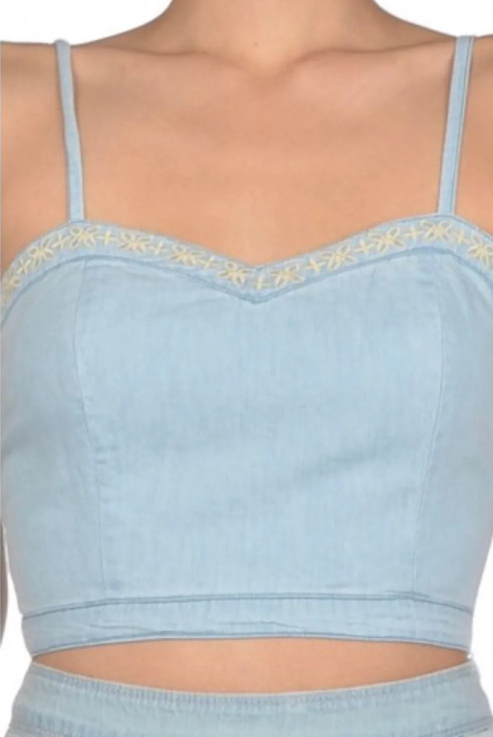 Light Denim Embroidered Flower Detail Sweet Heart Neck Crop Top