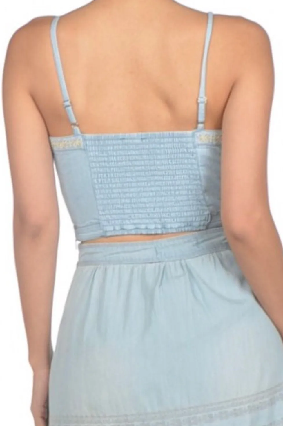 Light Denim Embroidered Flower Detail Sweet Heart Neck Crop Top