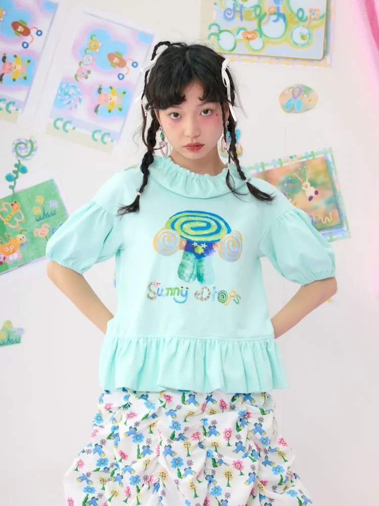 Light Green Bubble Sleeve Printed T-Shirt