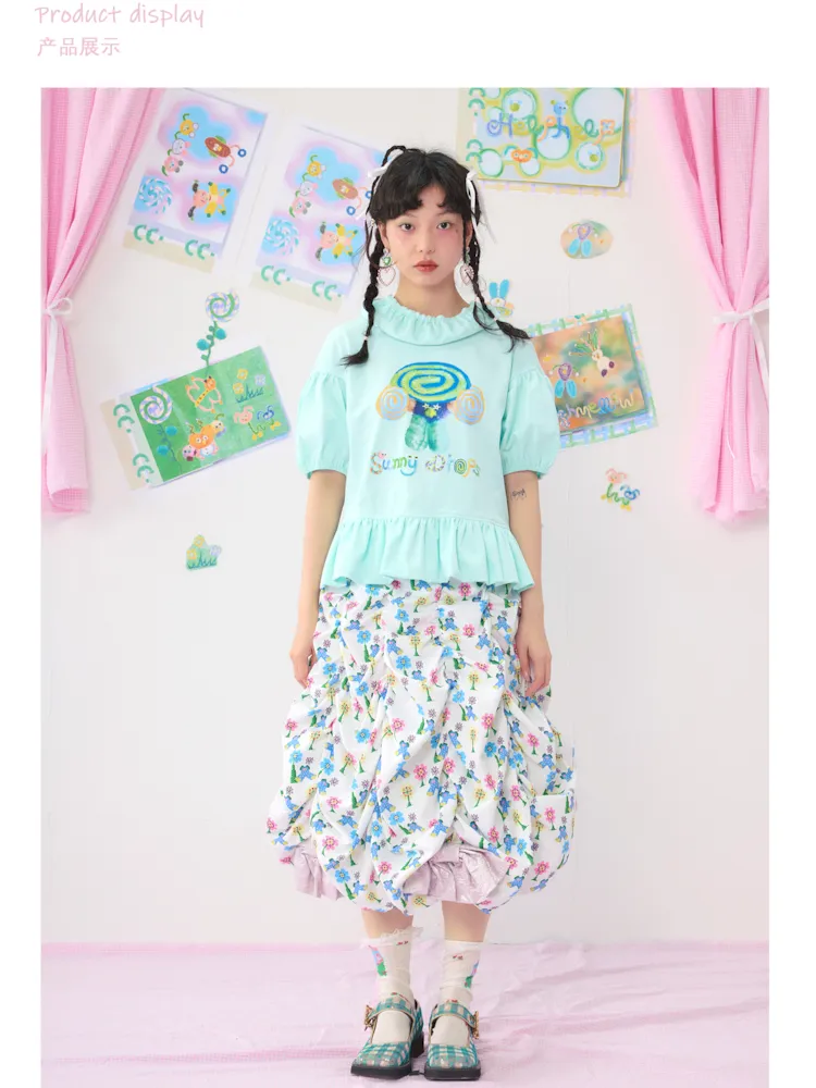 Light Green Bubble Sleeve Printed T-Shirt