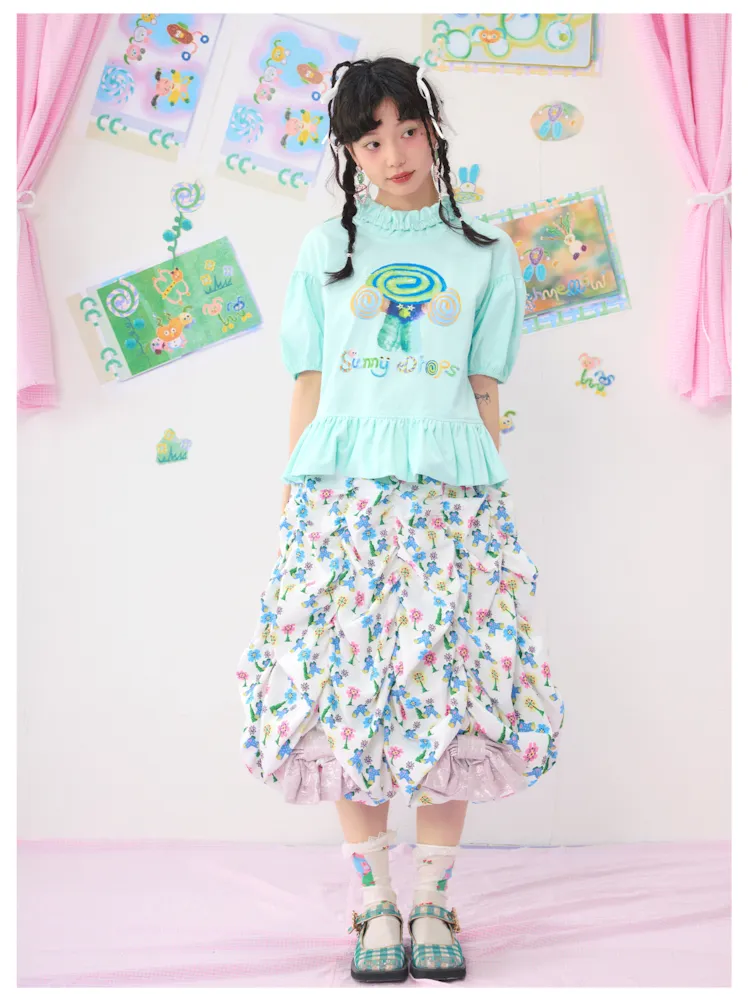 Light Green Bubble Sleeve Printed T-Shirt