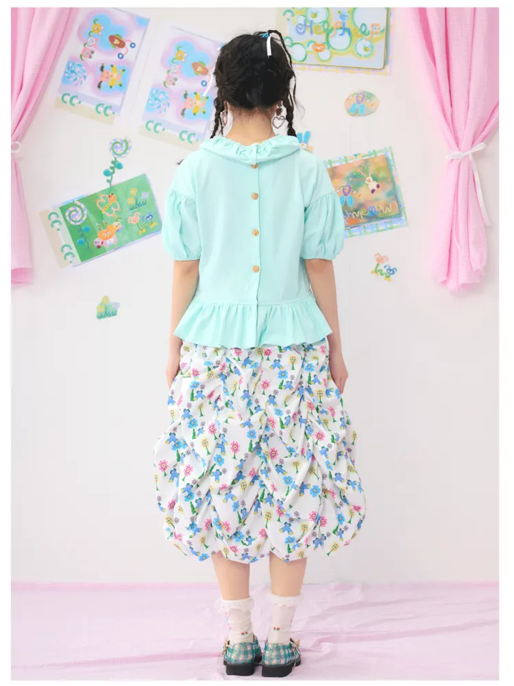 Light Green Bubble Sleeve Printed T-Shirt