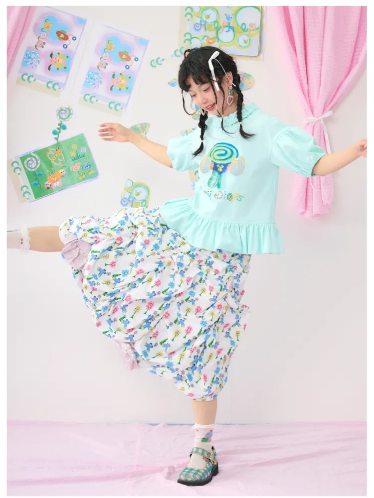 Light Green Bubble Sleeve Printed T-Shirt