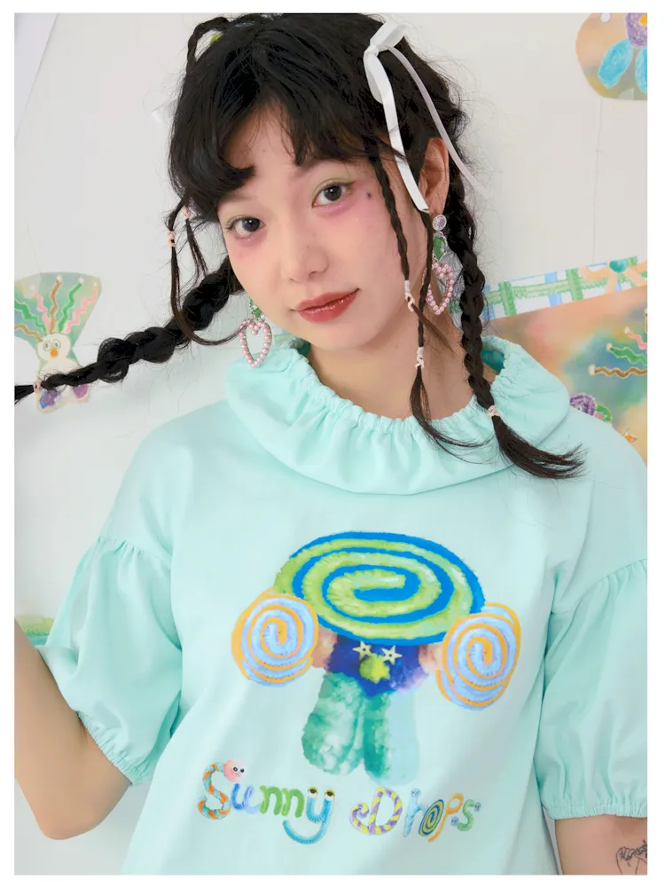 Light Green Bubble Sleeve Printed T-Shirt