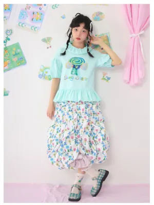 Light Green Bubble Sleeve Printed T-Shirt
