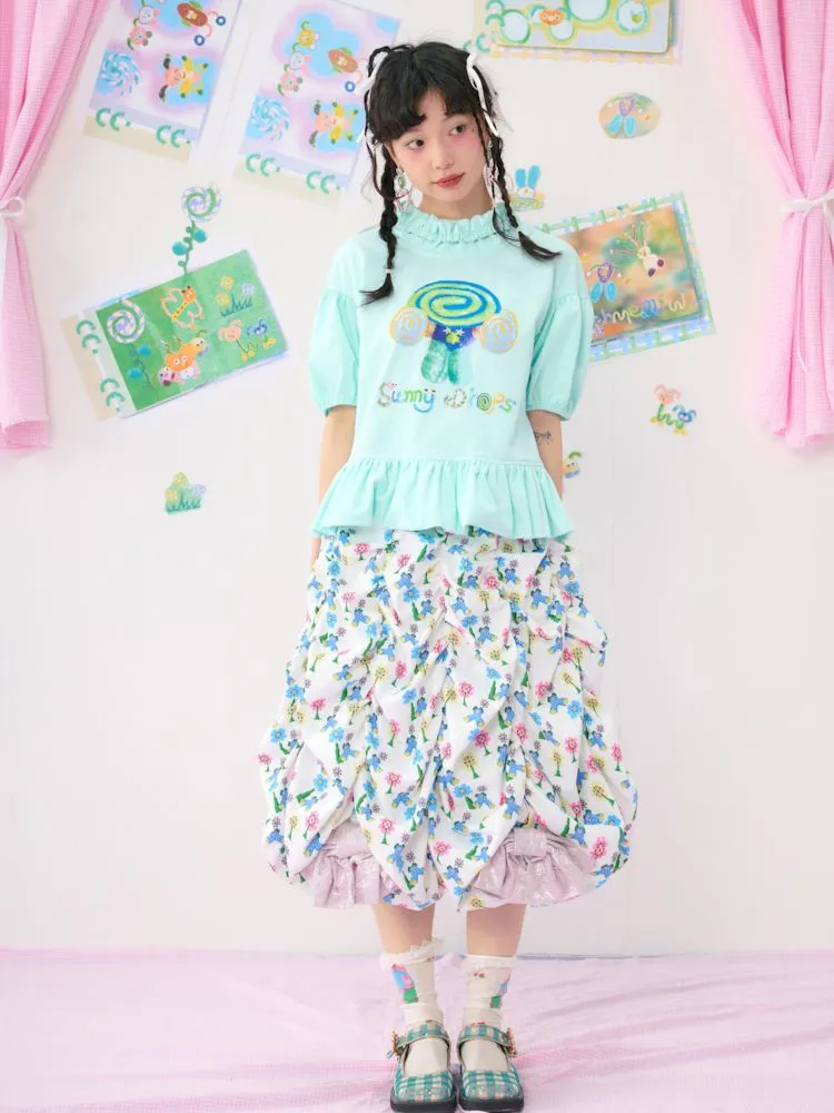 Light Green Bubble Sleeve Printed T-Shirt