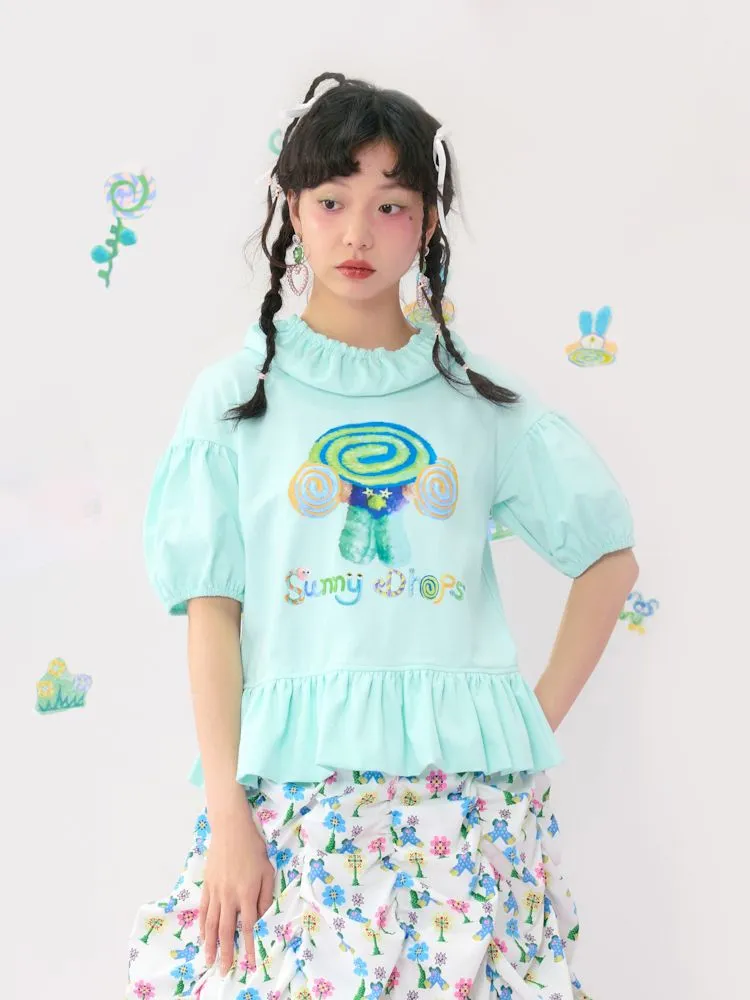 Light Green Bubble Sleeve Printed T-Shirt
