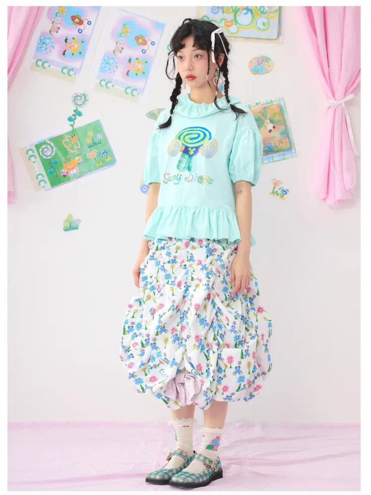 Light Green Bubble Sleeve Printed T-Shirt