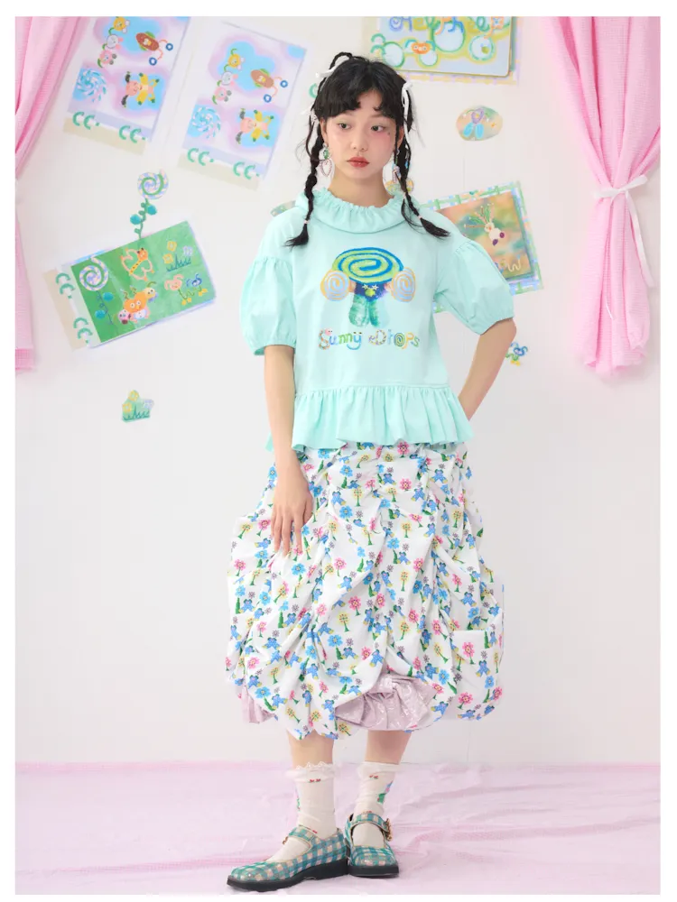 Light Green Bubble Sleeve Printed T-Shirt
