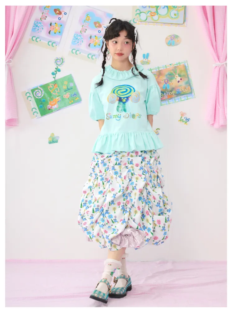 Light Green Bubble Sleeve Printed T-Shirt