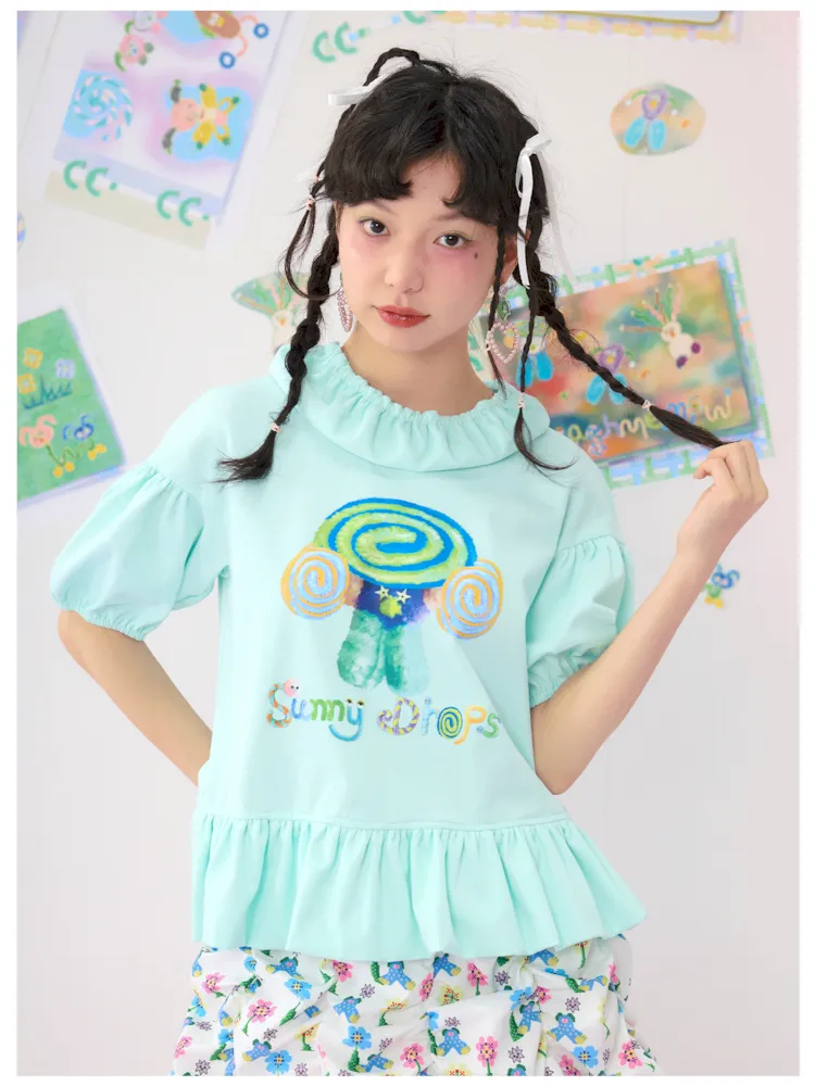 Light Green Bubble Sleeve Printed T-Shirt