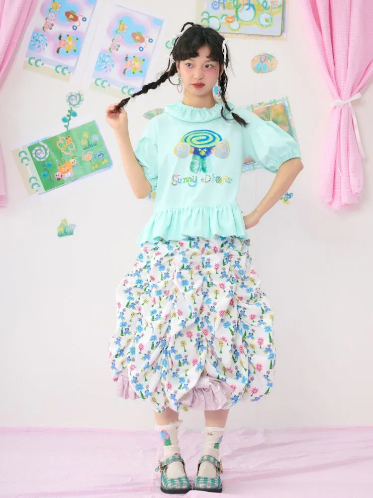 Light Green Bubble Sleeve Printed T-Shirt