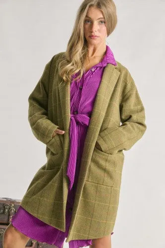 Light Olive Plaid Mid Length Coat