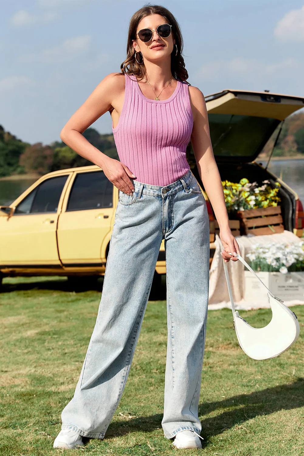 Light Pink Round Neck Ribbed Knit Tank Top