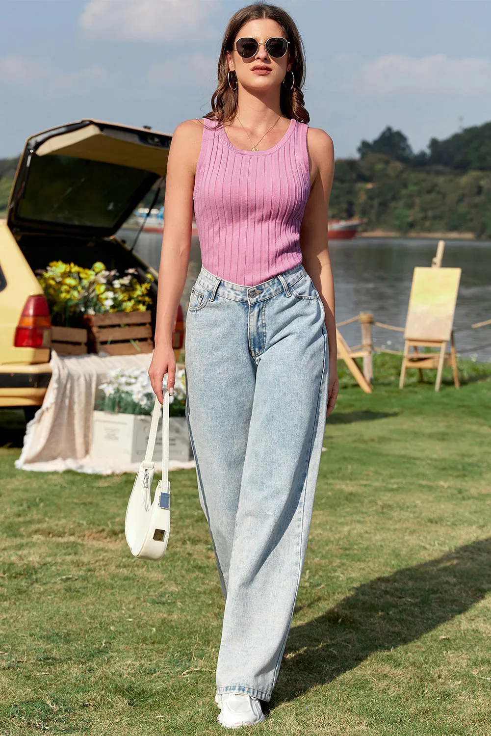 Light Pink Round Neck Ribbed Knit Tank Top