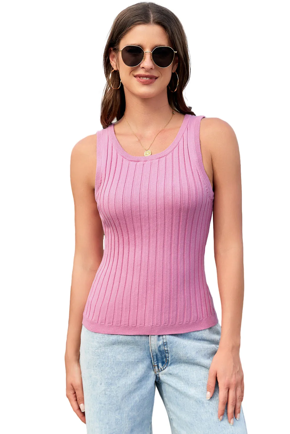 Light Pink Round Neck Ribbed Knit Tank Top