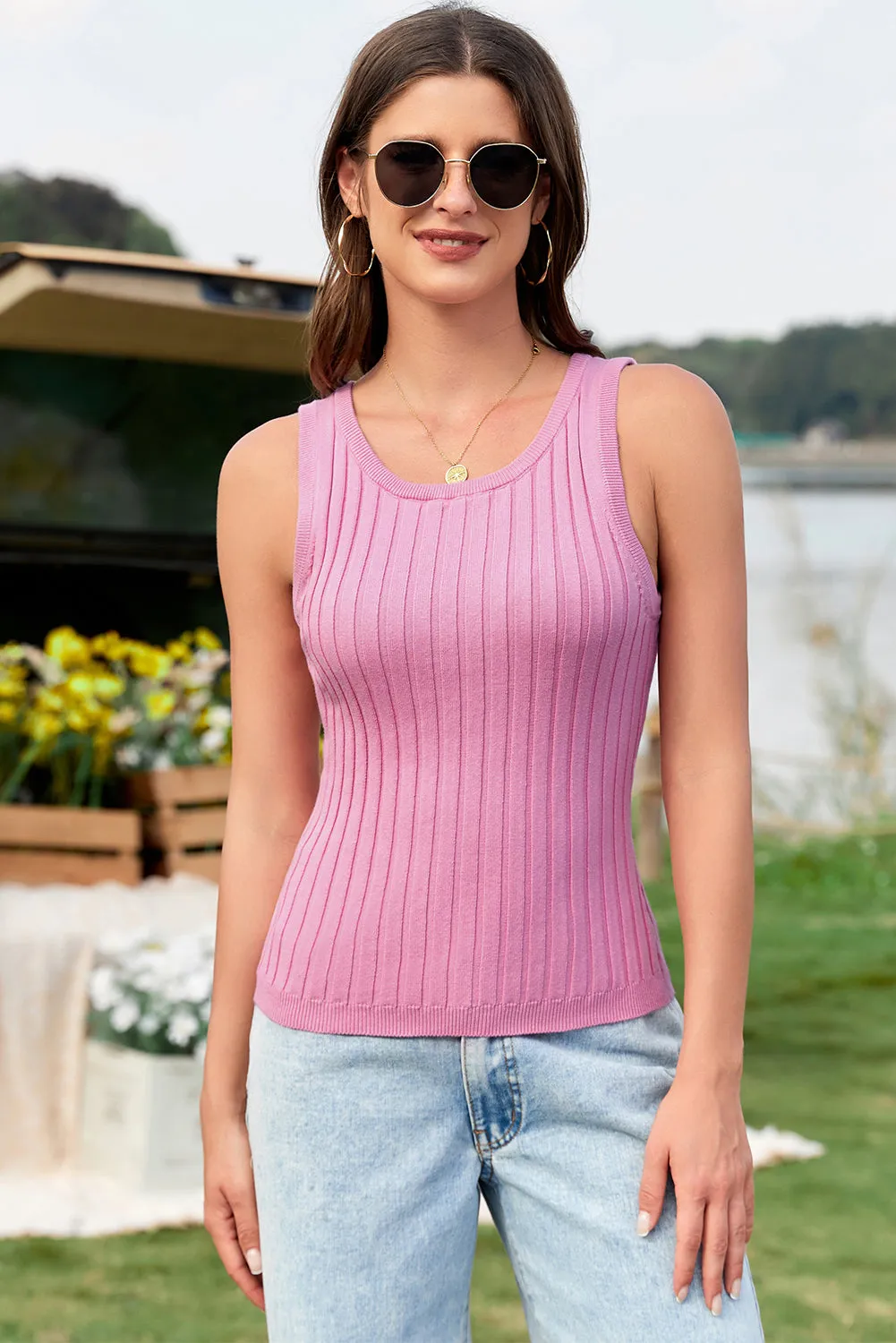 Light Pink Round Neck Ribbed Knit Tank Top