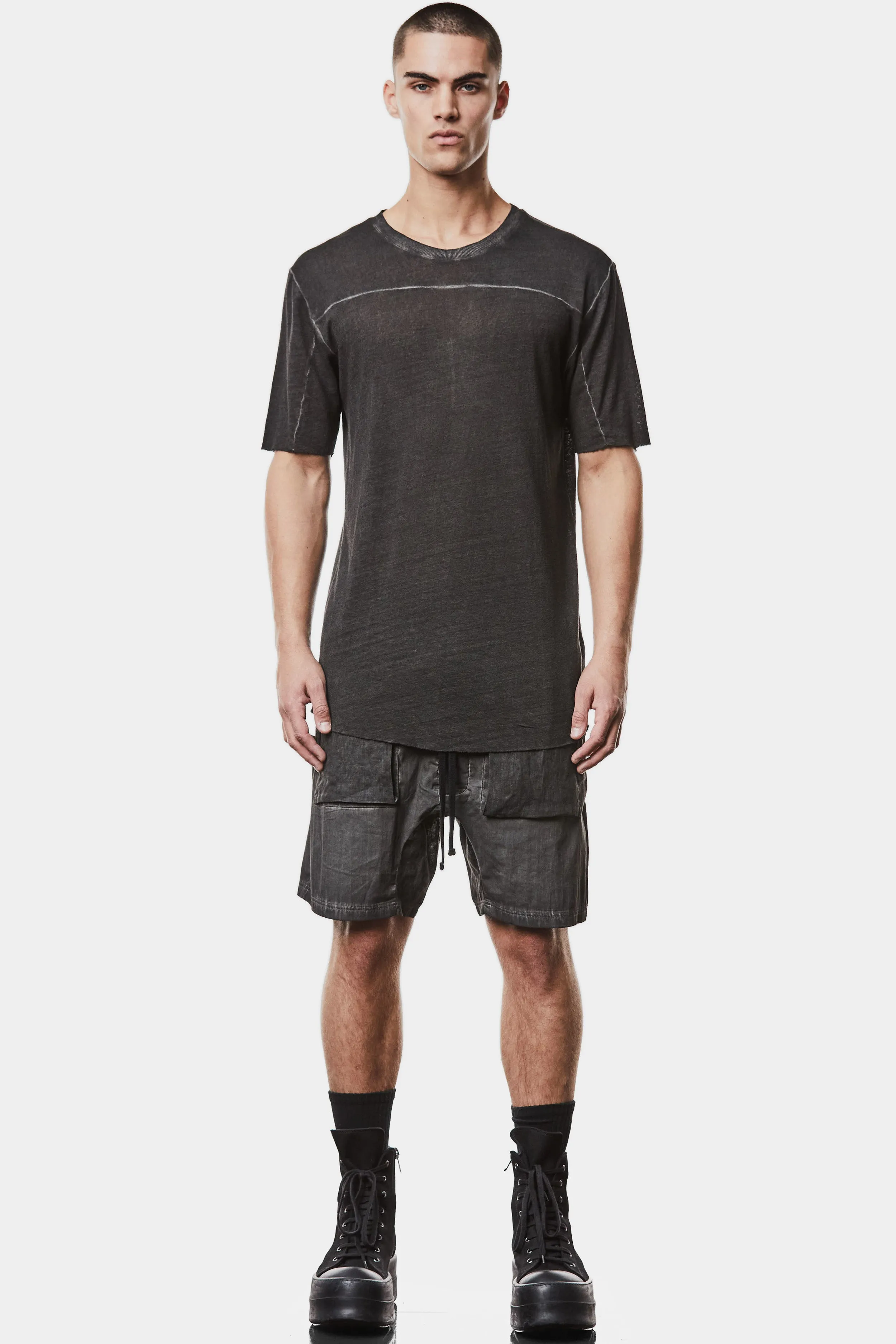 Linen blend scar-stitch t-shirt, Black oil