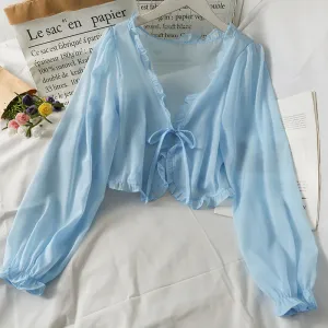 Long Sleeve Lace Bow Transparent Thin Blouse Shirt
