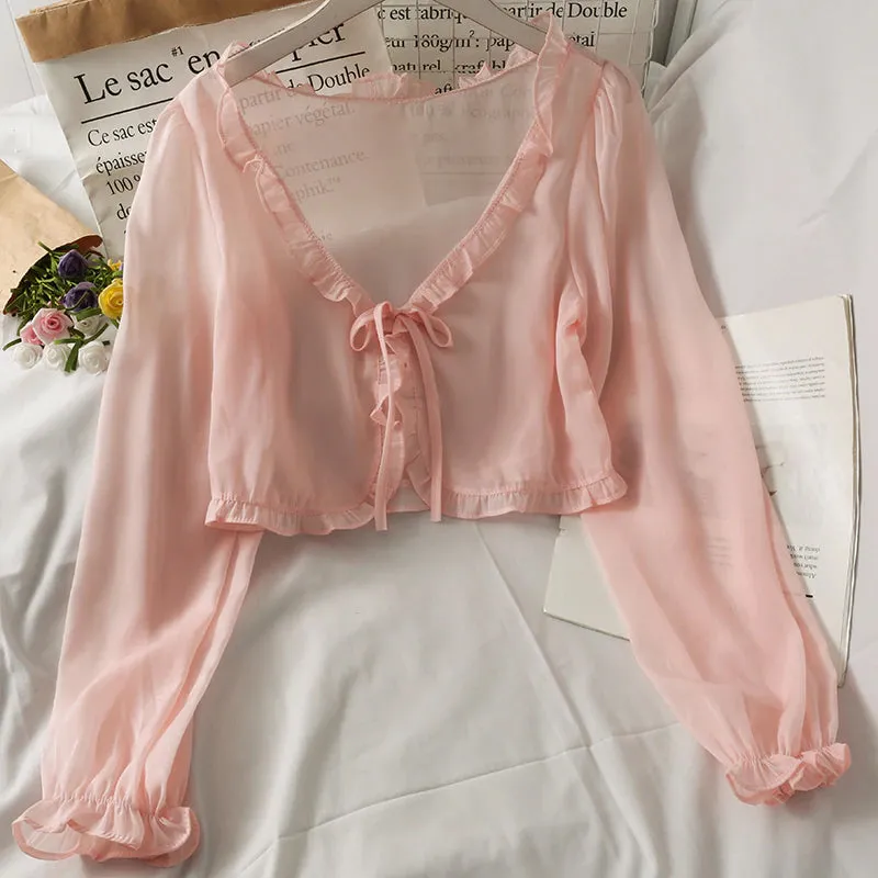 Long Sleeve Lace Bow Transparent Thin Blouse Shirt