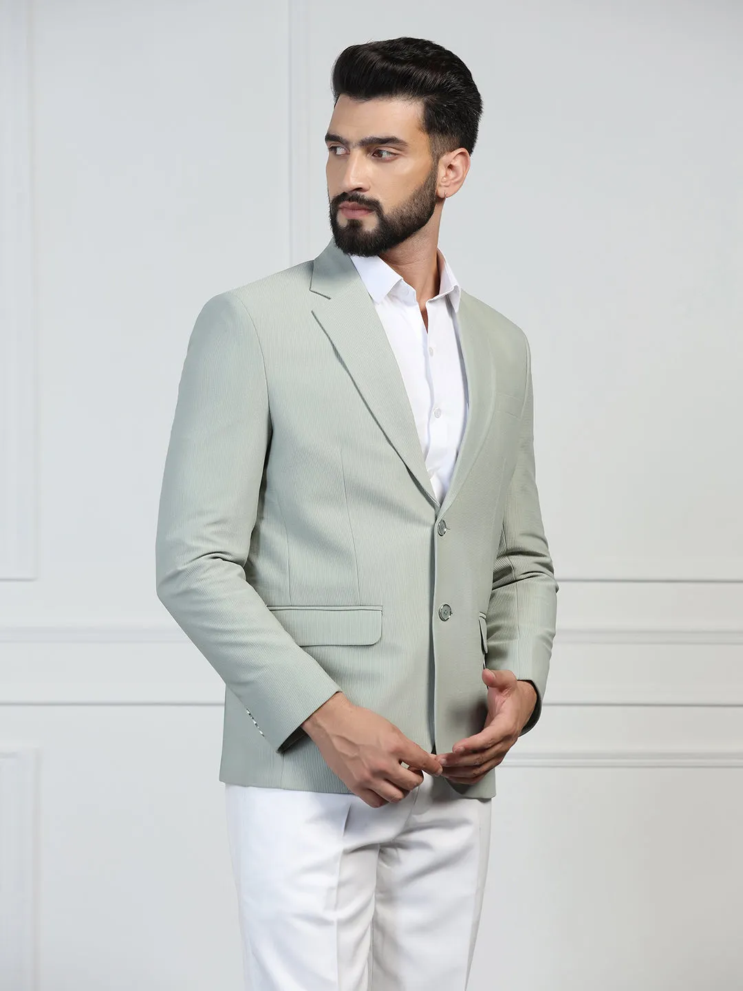 Men Corduroy Light Green Blazer