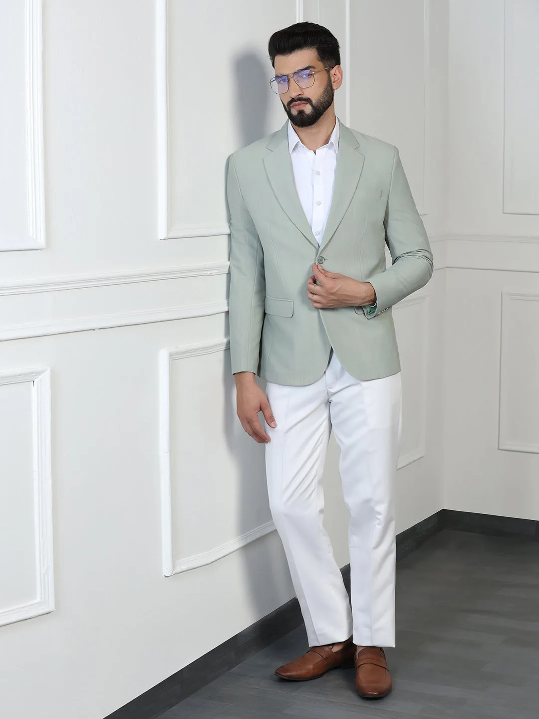 Men Corduroy Light Green Blazer