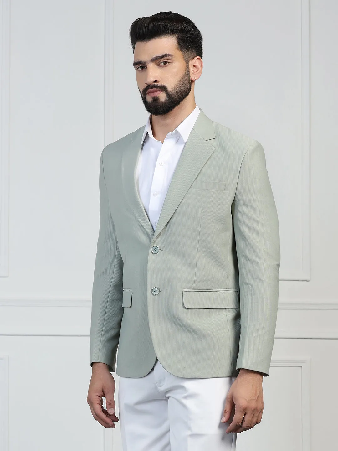 Men Corduroy Light Green Blazer