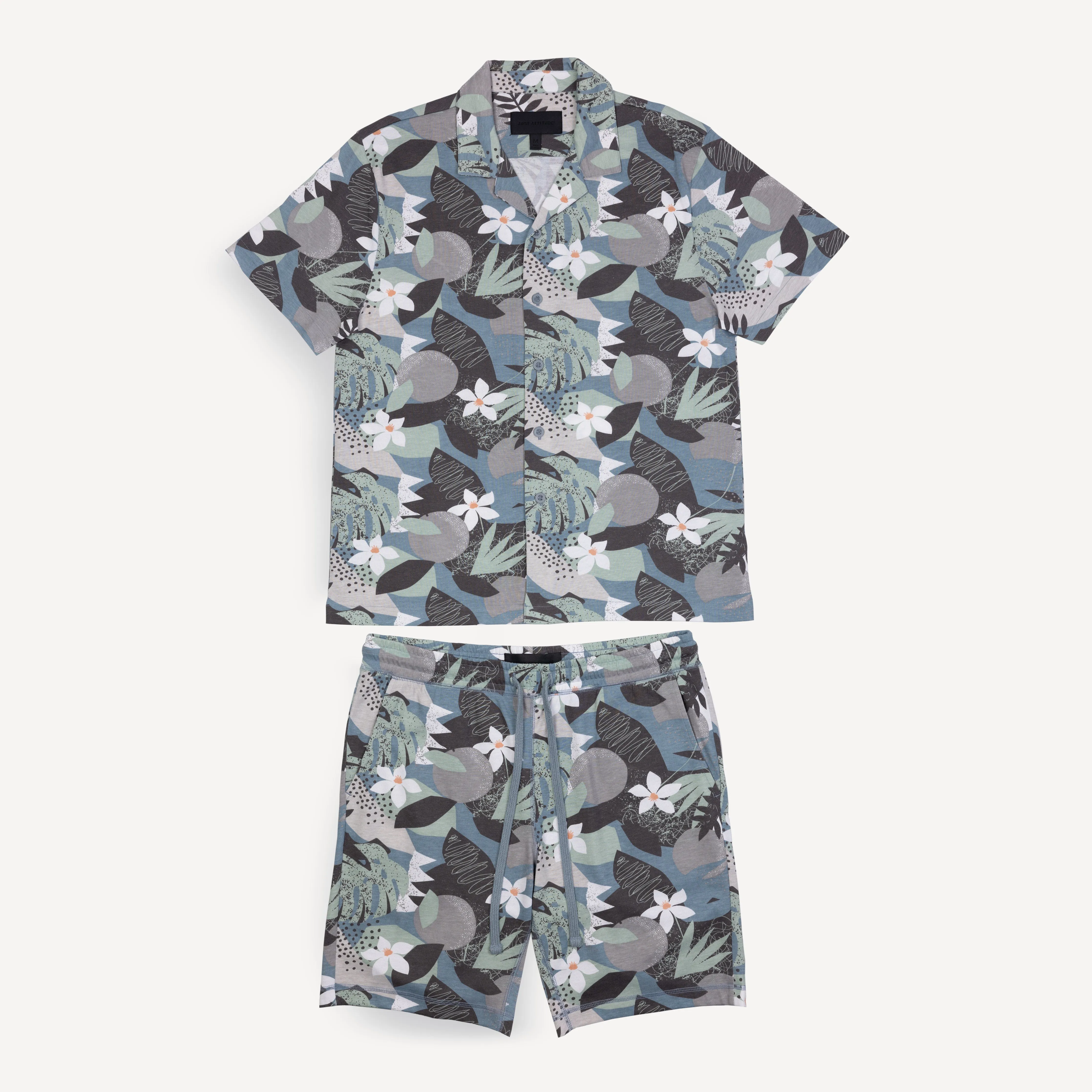 Mens Knit Camp Shirt and Short Set - Citadel / Flower