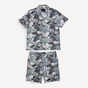 Mens Knit Camp Shirt and Short Set - Citadel / Flower