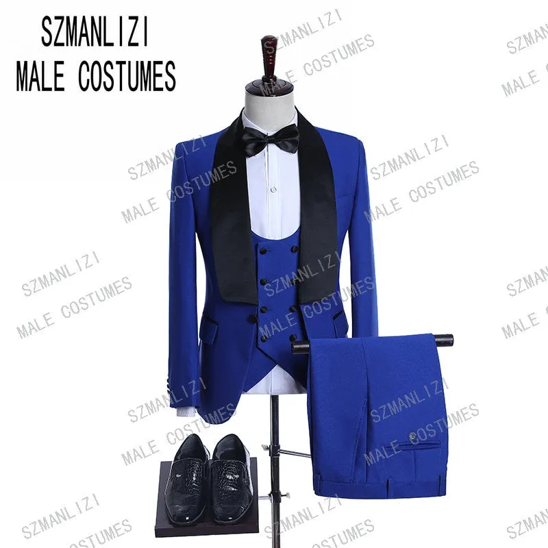 Men's Suit Formal Business Slim Fit 3-Pieces Light Grey Blazers Black Vest Pant Men's Tuxedo Wedding Men Suits Groom Suit
