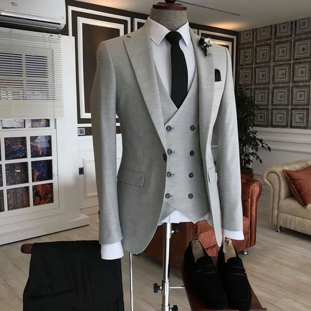 Men's Suit Formal Business Slim Fit 3-Pieces Light Grey Blazers Black Vest Pant Men's Tuxedo Wedding Men Suits Groom Suit
