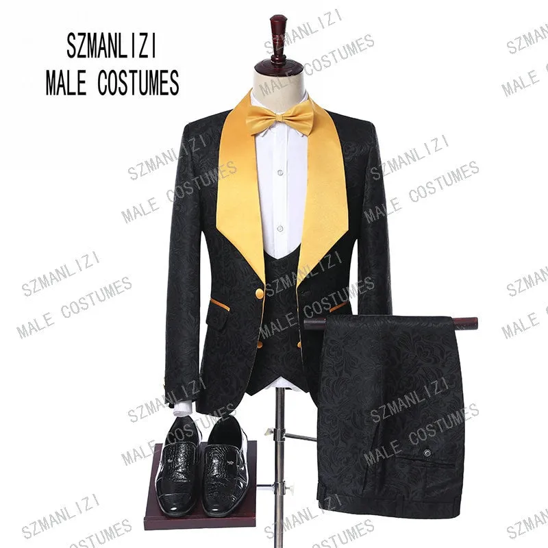 Men's Suit Formal Business Slim Fit 3-Pieces Light Grey Blazers Black Vest Pant Men's Tuxedo Wedding Men Suits Groom Suit