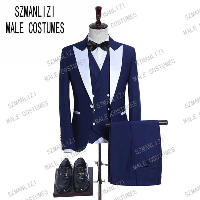 Men's Suit Formal Business Slim Fit 3-Pieces Light Grey Blazers Black Vest Pant Men's Tuxedo Wedding Men Suits Groom Suit