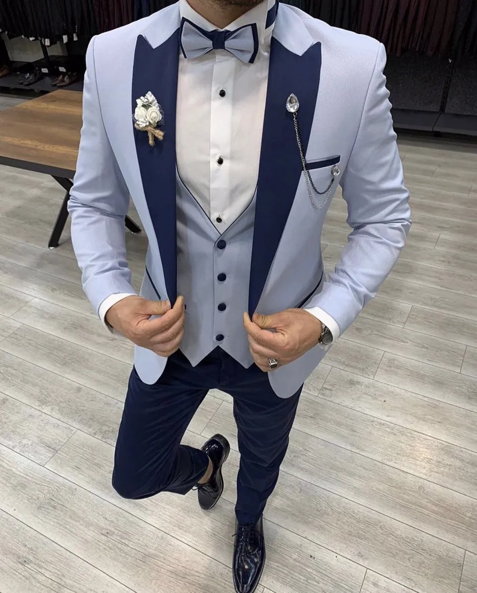 Men's Suit Formal Business Slim Fit 3-Pieces Light Grey Blazers Black Vest Pant Men's Tuxedo Wedding Men Suits Groom Suit