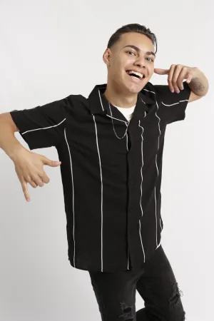 Men's Thin Stripe Short Sleeve Viscose Loose Shirt - Black