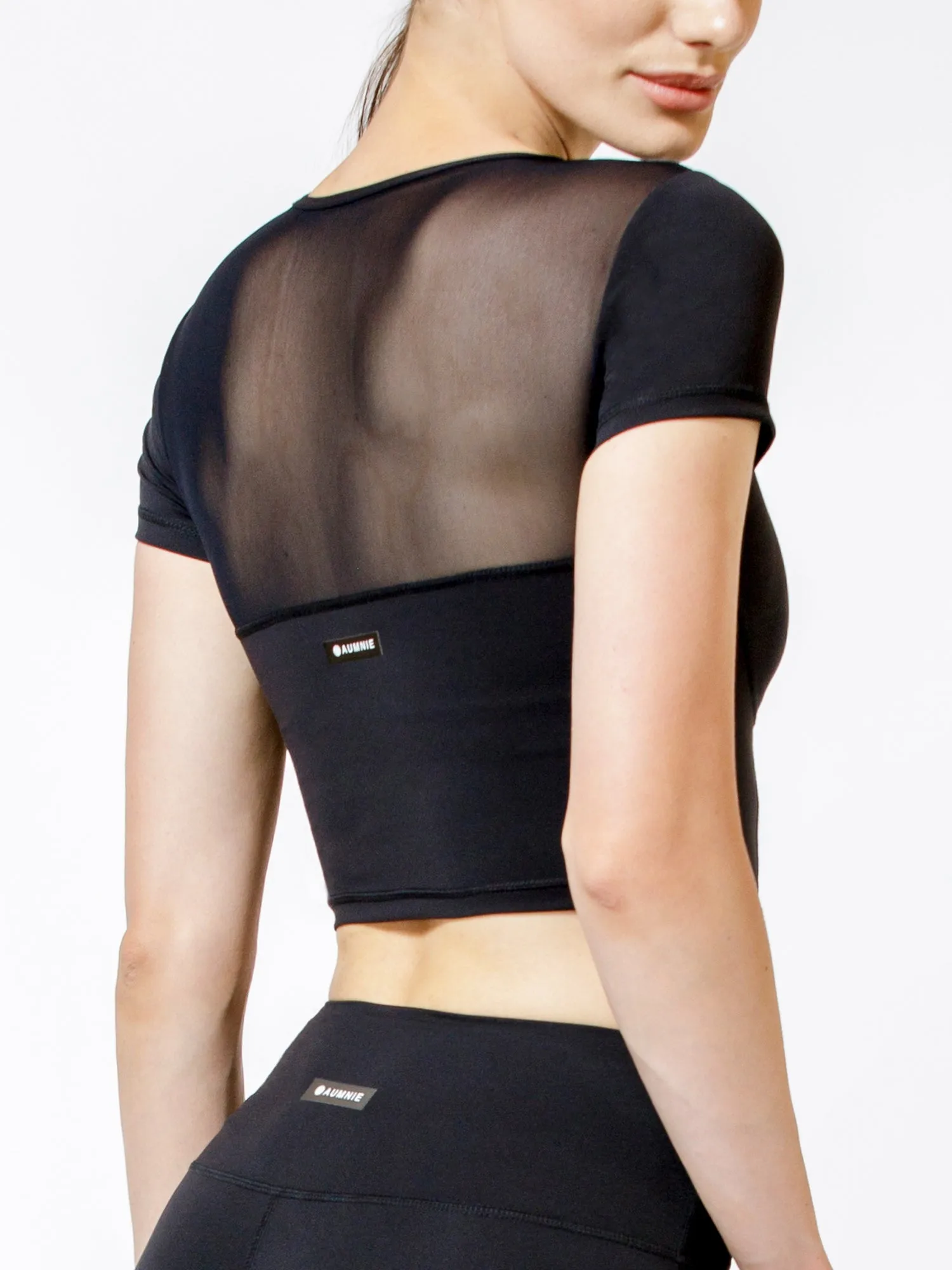 MESH BACK CROPPED TEE, BLACK/BLACK MESH