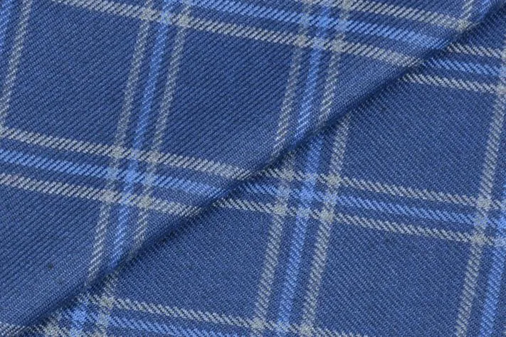 Midnight Blue Tweed Fabric with Lightblue & Light Yellow Big Checks ( 2 Meter Cut Piece)