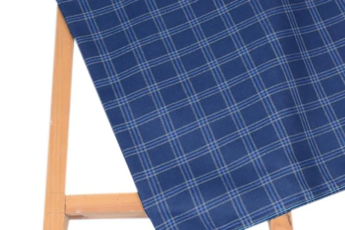 Midnight Blue Tweed Fabric with Lightblue & Light Yellow Big Checks ( 2 Meter Cut Piece)