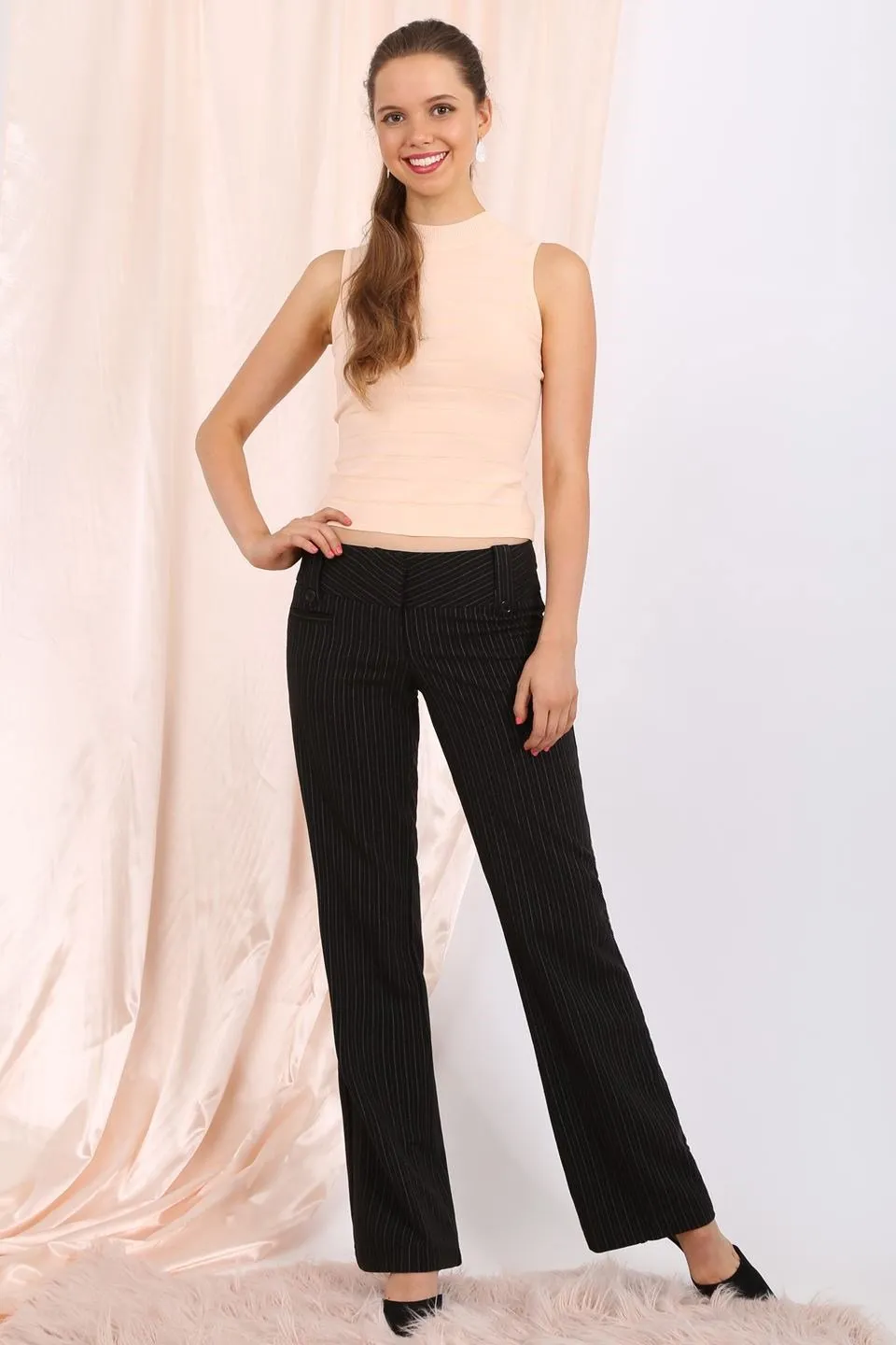 MISS PINKI Dakota tailored pinstripe work pants in black